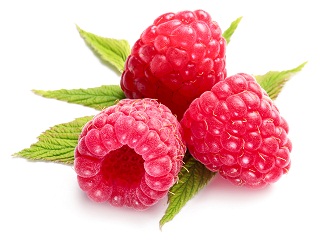 Macro shot of appetizing raspberries over white.